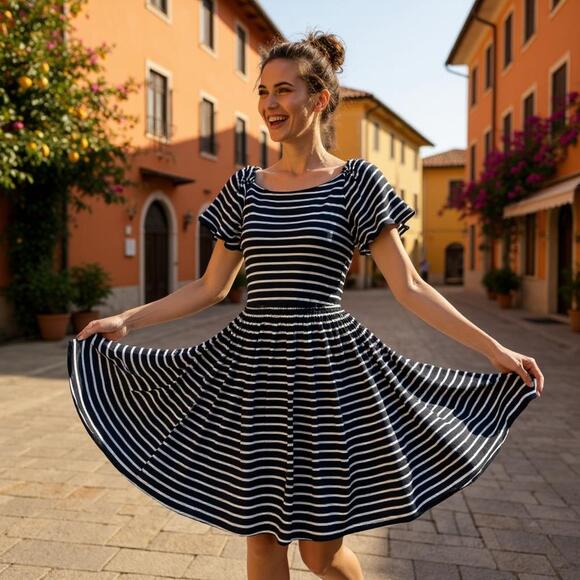 LOFT Striped Tie Waist T Shirt Dress Black White Casual Womens XSP - Picture 1 of 7